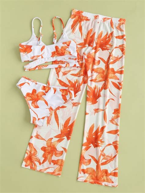 Girls Floral Print Bikini Swimsuit With Beach Pants Shein Usa