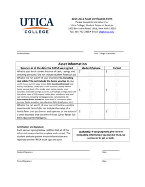 Fillable Online Utica Asset Verification Form Utica College Utica