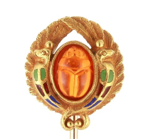 Antique Egyptian Revival 14k Gold Enamel Winged Scarab Snakes Stick Pin