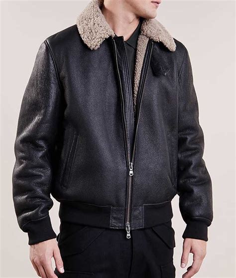 Mens Black Leather Aviator Style Bomber Shearling Jacket - USA Jacket