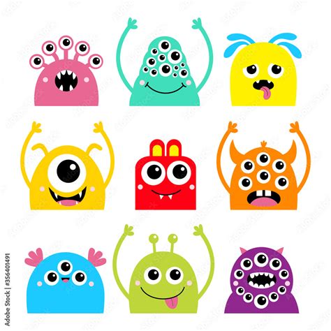 Happy Halloween Monster Face Head Icon Set Cute Cartoon Kawaii