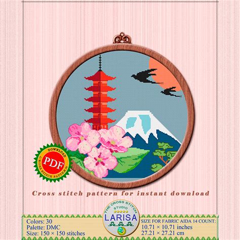 Japanese Pagoda Cross Stitch Pattern Sakura Bonsai Inspire Uplift