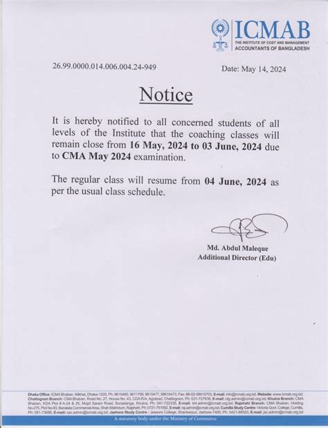 Class Closing Notice For CMA May 2024 Examination Welcome To ICMAB