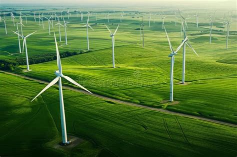 An Aerial Perspective Showing Several Wind Turbines Towering Over A Lush Green Field Hundreds