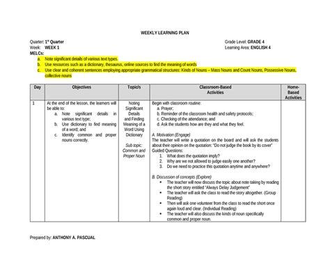 WLP ENG4 W1 Weekly Learning Plan In English 4 WEEKLY LEARNING PLAN