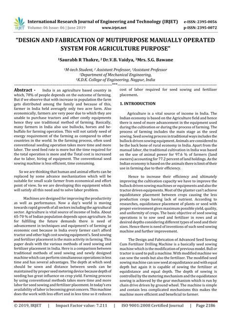 Irjet Design And Fabrication Of Mutipurpose Manually Operated System