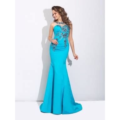 Trumpet Mermaid Scoop Applique Sleeveless Long Satin Dresses Hebeos