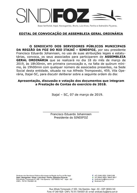 Edital De Convocação Prestação De Contas Do Exercício De 2018 Sindifoz