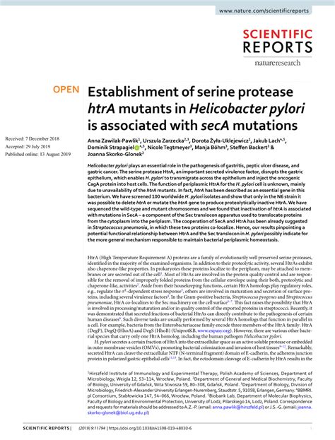 Pdf Establishment Of Serine Protease Htra Mutants In Helicobacter