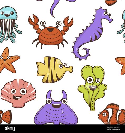 Underwater Animals And Plant Marine Creatures Seamless Pattern Stock