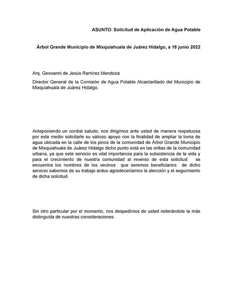 Carta Solicitud De Agua Para Obtenr Una Respuesta Afaborable A La Del