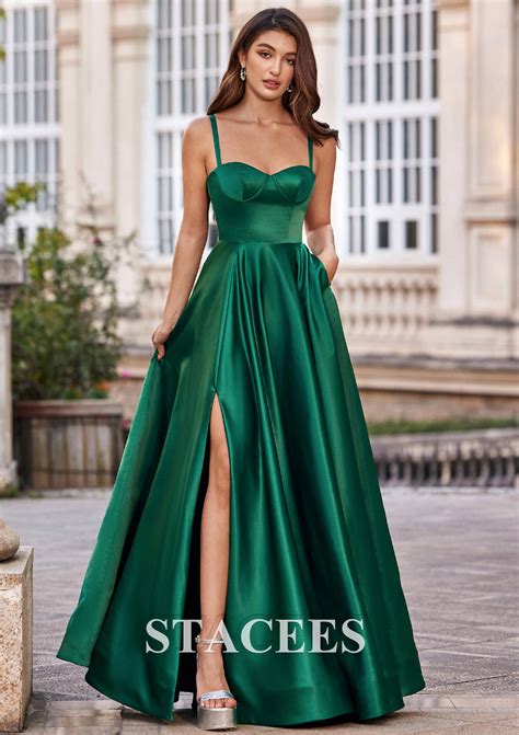 A Line Sweetheart Sleeveless Floor Length Satin Prom Dress With Pockets