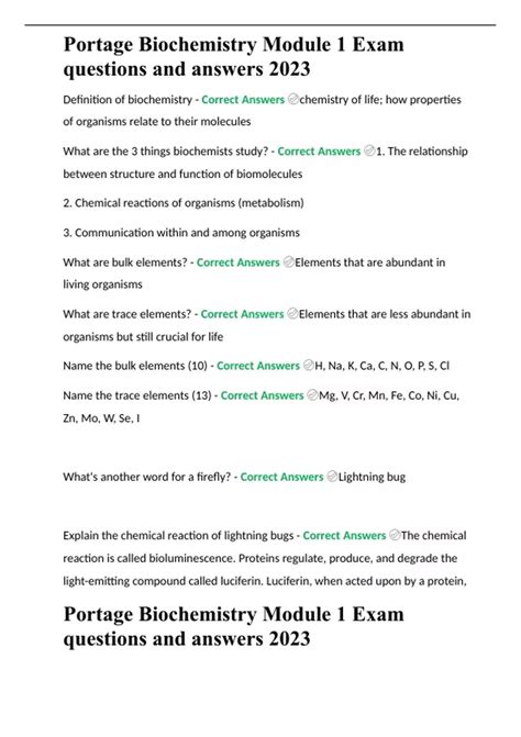 Portage Biochemistry Module 1 Exam Questions And Answers 2023 Portage