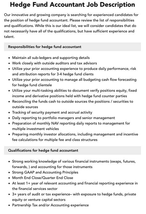 Hedge Fund Accountant Job Description Velvet Jobs