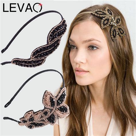 Levao Chic Black Crystal Weaving Headband Lady Fashion Beaded Flower