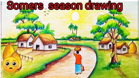 How To Draw Scenery Of Summer Season Step By Step Easy Village