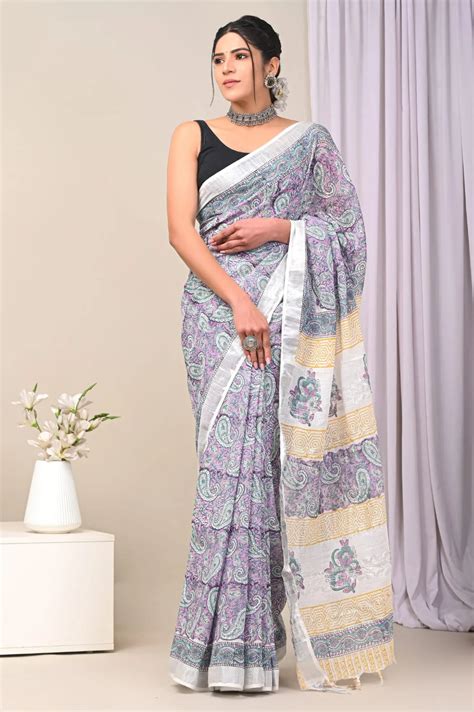 Linen Plain Sarees Ruhi Hand Block Printer