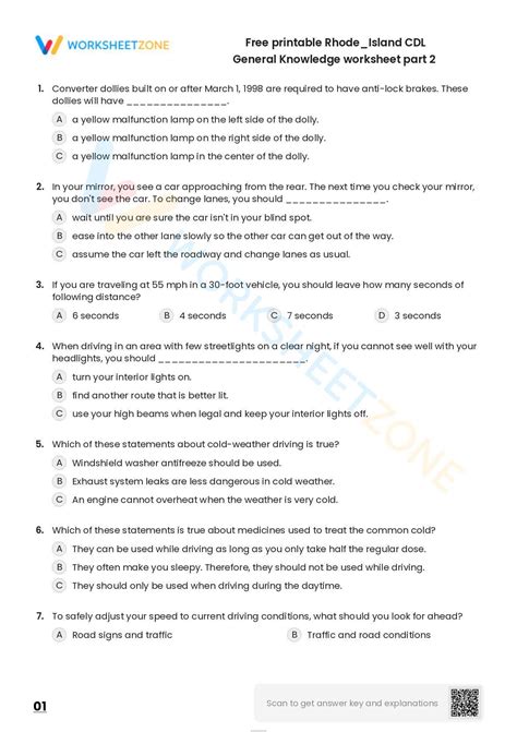 Free Printable Rhode Island Cdl General Knowledge Worksheet Part