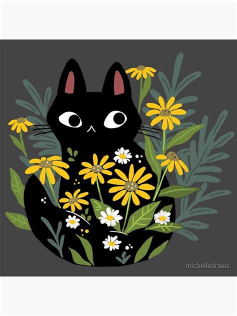 Black Cat With Flowers Art Print For Sale By Michelledraws Cat Art Art Prints Cat Artwork