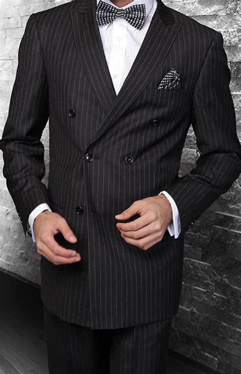 Classic Biker Leather — Mens Black Double Breasted Pinstripe Wool