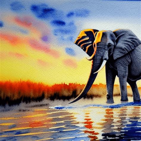 Een Realistische Olifant In Aquarel Van Dichtbij Bij Zonsondergang In