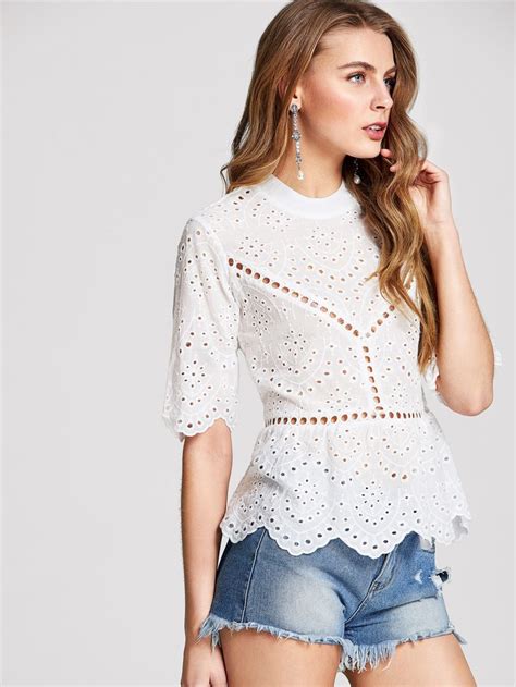 Ruffle Hem Eyelet Embroidered Top Shein Sheinside Blouses For Women