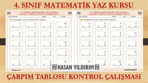 4 Sınıf Matematik Yaz Kursu Çarpım Tablosu Kontrol Çalışması Meb Ders