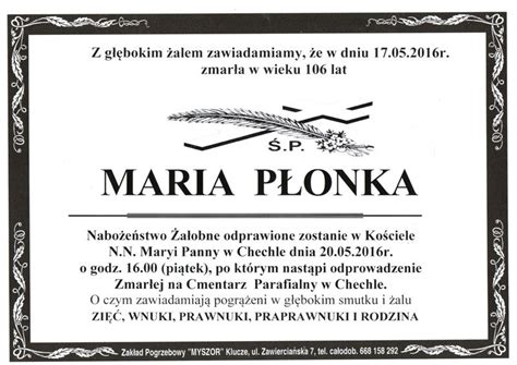 nekrolog Maria Płonka Informacje Pogrzebowe Powiat Olkusz