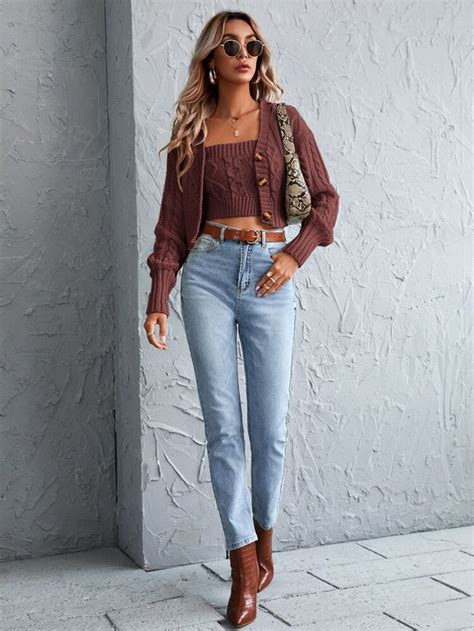 Drop Shoulder Cable Knit Crop Cardigan With Bandeau Shein Asia Chunky