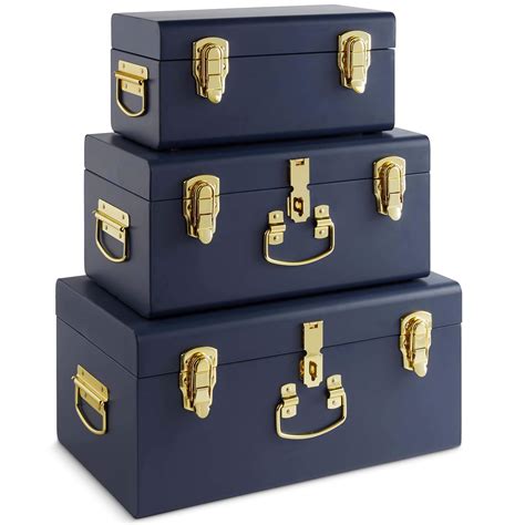 Buy Beautify Set Of 3 Navy Blue Vintage Metal Steel Storage Trunk Set Lockable And Decorative