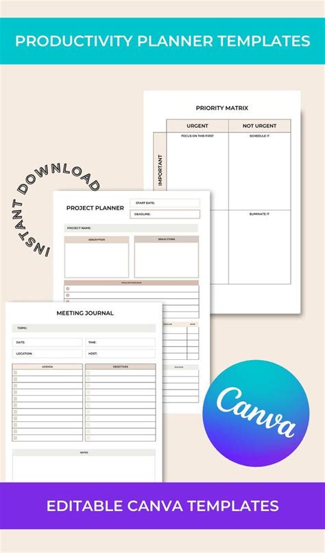 Customisable Productivity Planner Templates Canva Templates Etsy