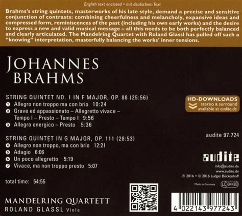 Brahms Complete String Quintets Mandelring Quartet Cd Album