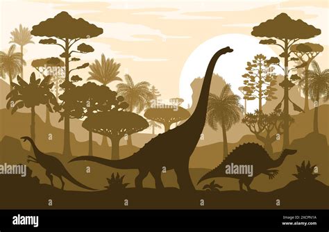 Dinosaur Silhouettes In Jungles Prehistoric Landscape Of Jurassic Park