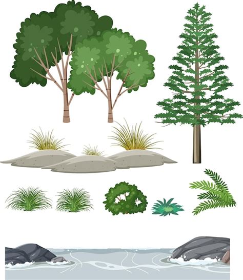 Geïsoleerde bomen en natuurobjecten set Gratis Vector