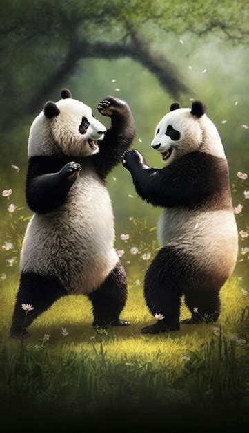 Premium Ai Image A Painting Of Two Pandas Dancing In A Field