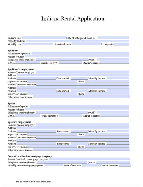 Free Indiana Residential Rental Application Form Pdf