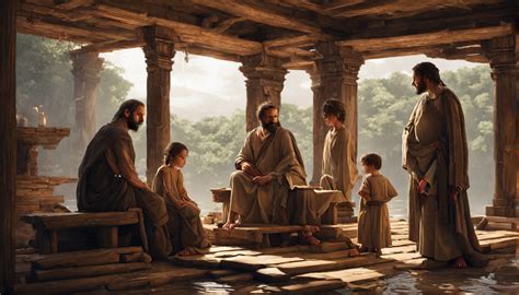 Noah and his family in front of a post-flood wooden altar bu... by Daso ...