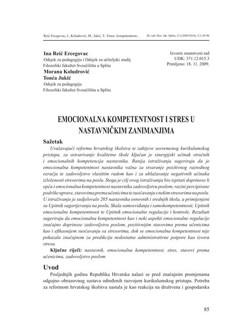 Pdf Emocionalna Kompetentnost I Stres U NastavniČkim Zanimanjima