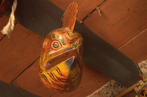 wooden mask   bird  chojam temple  tang valley  bumthang