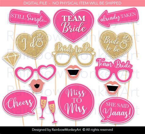 Printable Bridal Shower Photo Booth Props Gold Pink Hen Party