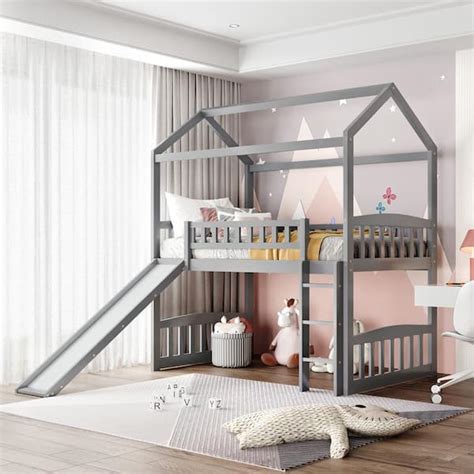 Harper Bright Designs Gray Twin Size House Loft Bed With Slide And