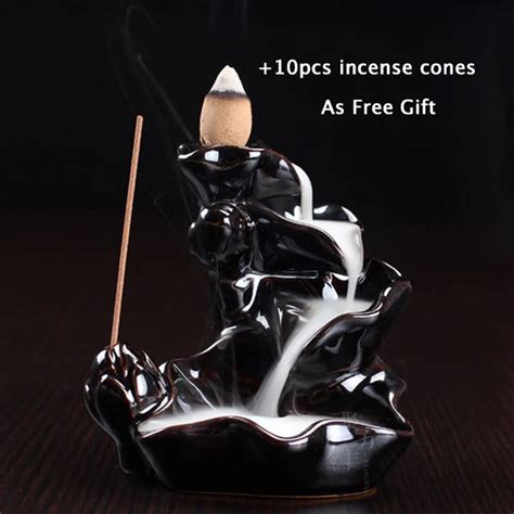 With 10 Pcs Incense Cones Black Porcelain Backflow Ceramic Cone Incense Burner Holder Incense