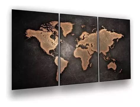 Quadro 3 Peças Mosaico Mapa Mundi 4k Mdf Parcelamento sem juros