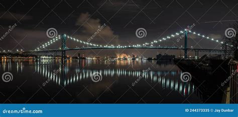 Ambassador Bridge Glows At Night Over The Detroit River Editorial Image Image Of Border