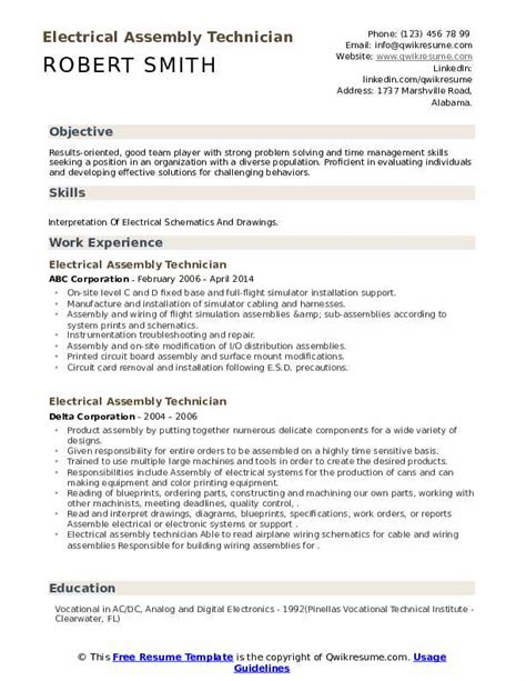 Electrical Assembly Technician Resume Samples Qwikresume