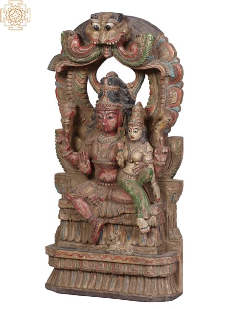 Wooden Shiva Parvati Seated On Throne With Kirtimukha Exotic