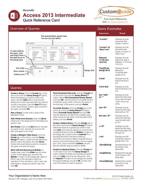 Microsoft Access 2013 Intermediate Free Quick Reference Card Free Guide