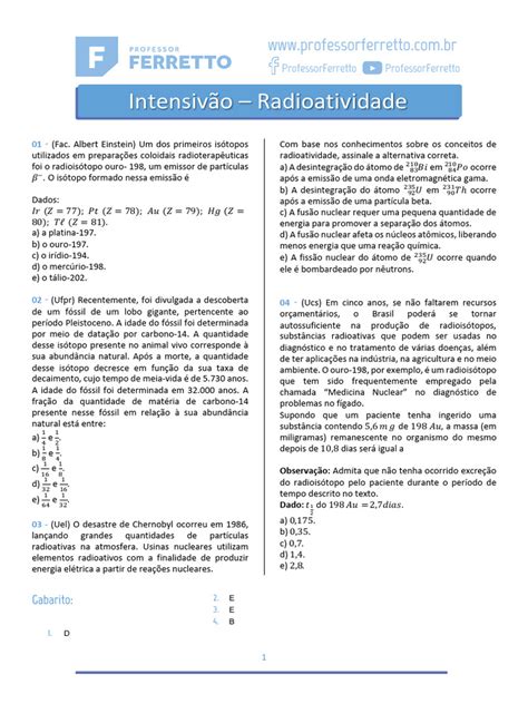 Questões De Radioatividade - Questões - Radioatividade-Lista de Exercícios | PDF | Radioatividade ...