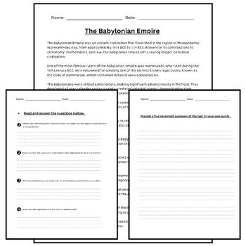 Babylonian Empire Ancient Mesopotamia Reading Comprehension Worksheets