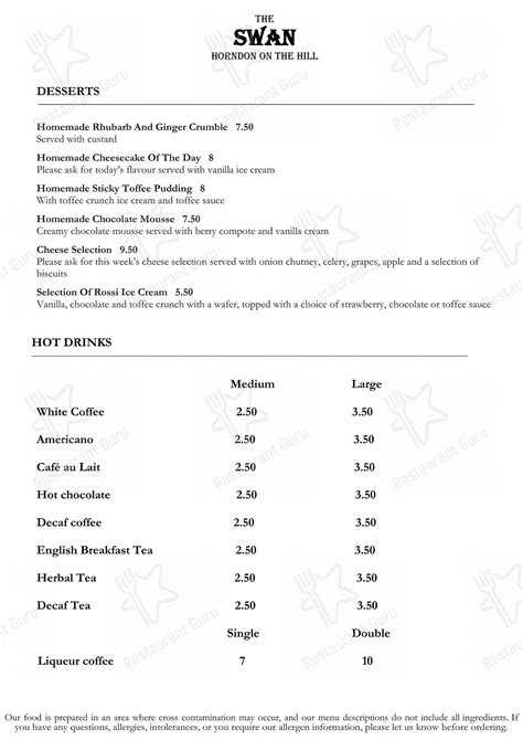 Menu At The Swan Bar And Restaurant Horndon On The Hill 121 High Road